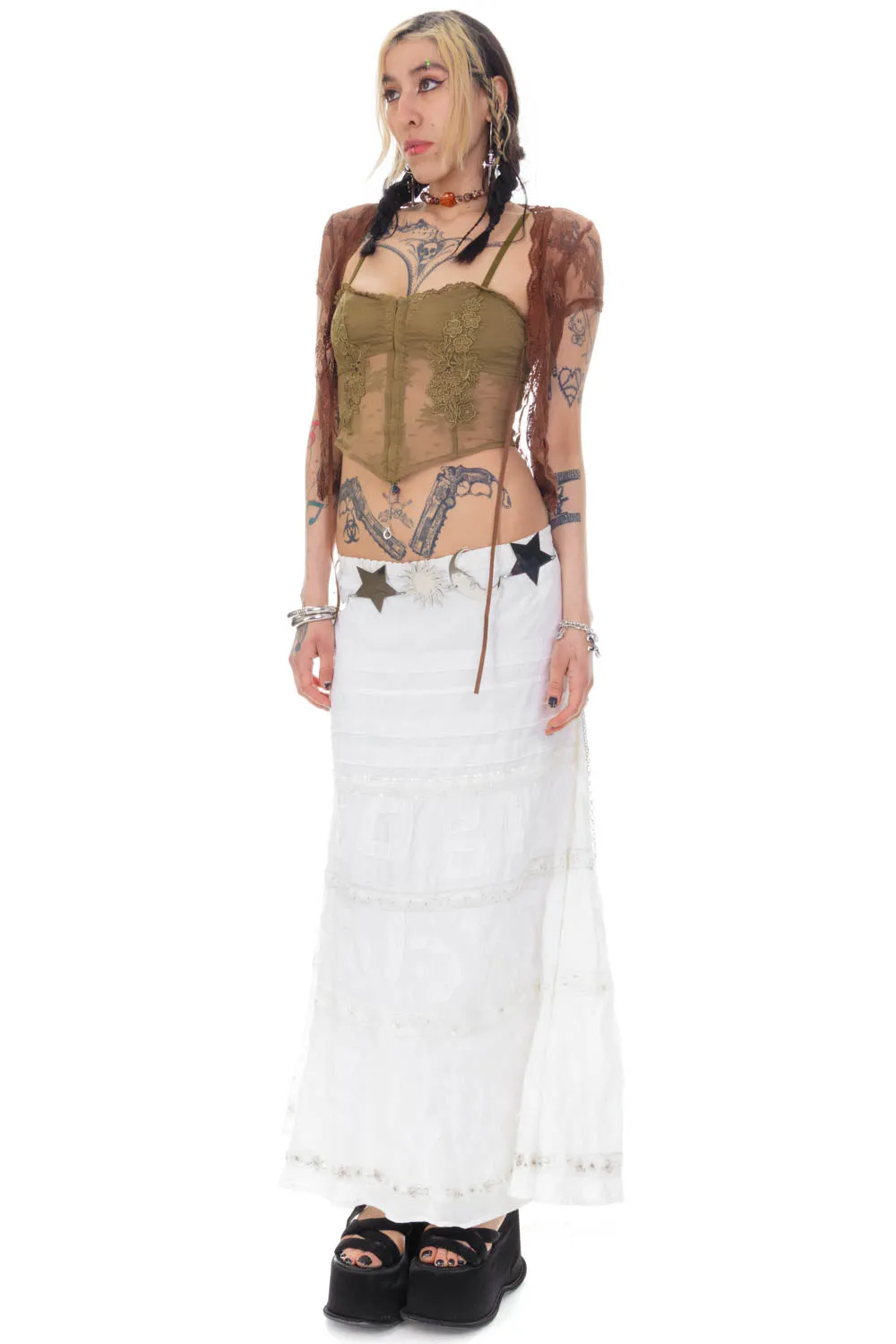 Vintage Y2K White Tiered Embellished Maxi Skirt - L/XL sold by Tunnel Vision product image thumbnail 3
