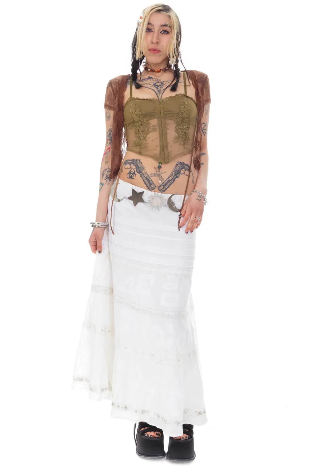 Vintage Y2K White Tiered Embellished Maxi Skirt - L/XL sold by Tunnel Vision product image thumbnail 2