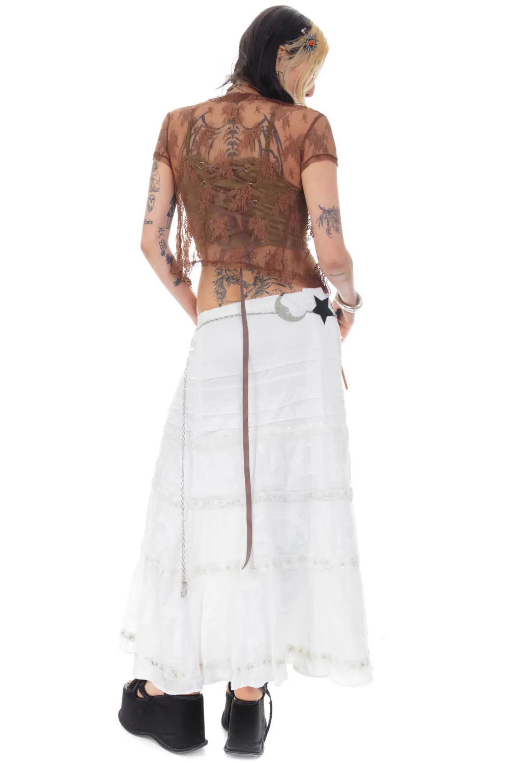 Vintage Y2K White Tiered Embellished Maxi Skirt - L/XL sold by Tunnel Vision product image thumbnail 5