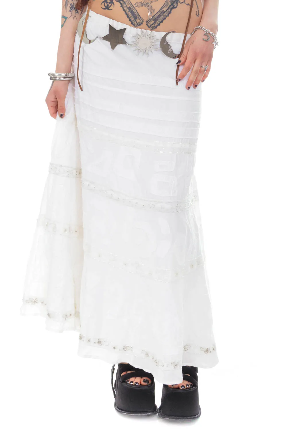 Vintage Y2K White Tiered Embellished Maxi Skirt - L/XL sold by Tunnel Vision