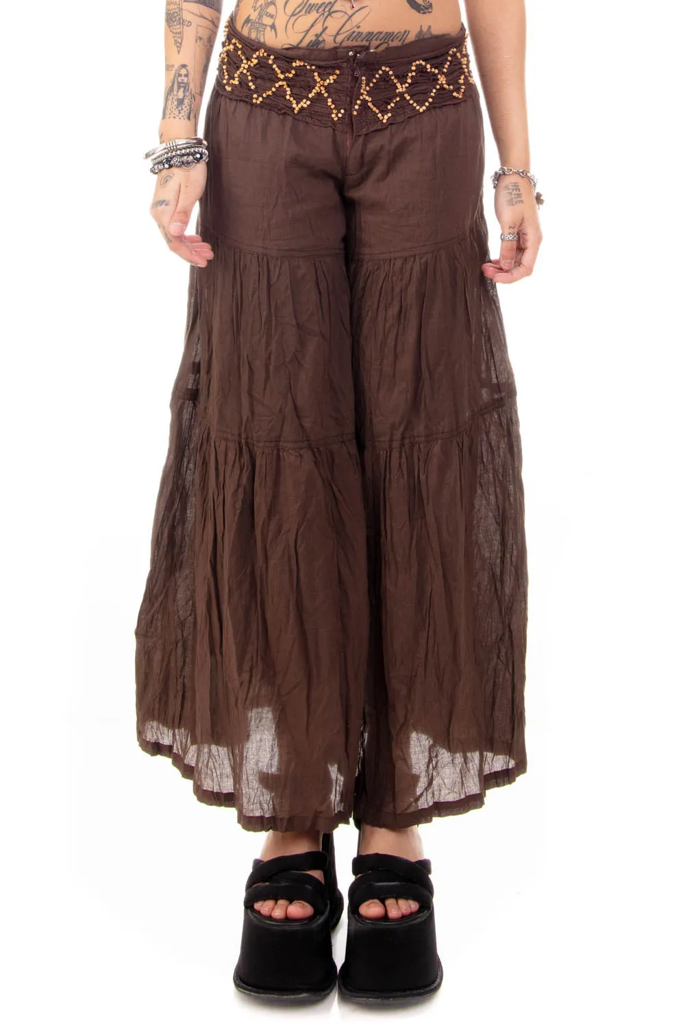 Vintage Y2K Beaded Brown Wide Leg Pants - S sold by Tunnel Vision