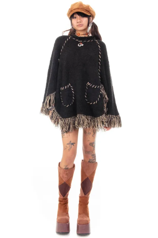 Vintage Y2k Black Knit Fringe Poncho - OSFM sold by Tunnel Vision