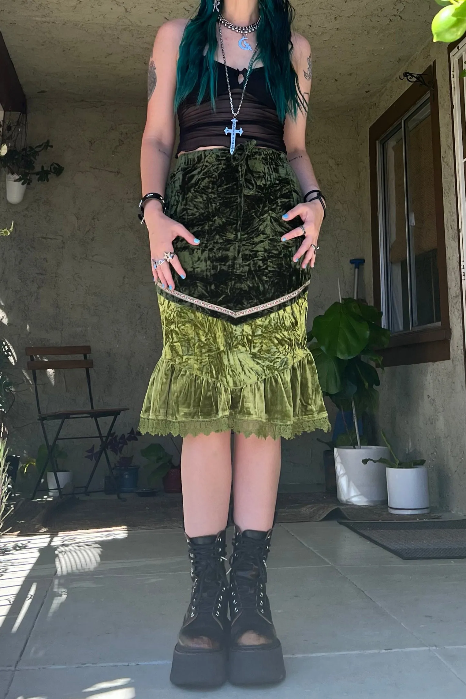 TUNNEL VISION SECONDHAND (GRADE B) Verbena Green Velvet Lace-Trim Skirt sold by Tunnel Vision product image thumbnail 3