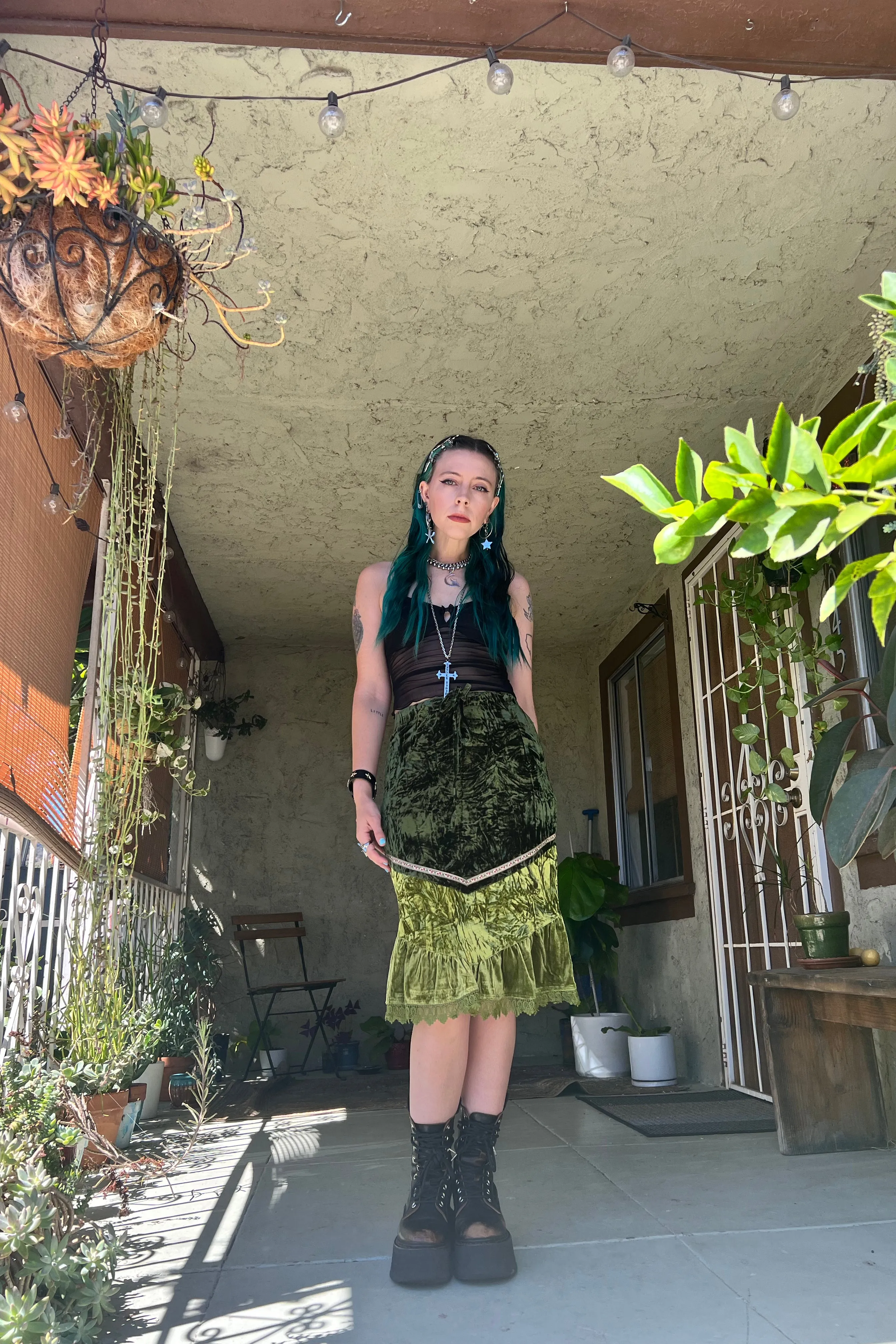 TUNNEL VISION SECONDHAND (GRADE B) Verbena Green Velvet Lace-Trim Skirt sold by Tunnel Vision product image thumbnail 2