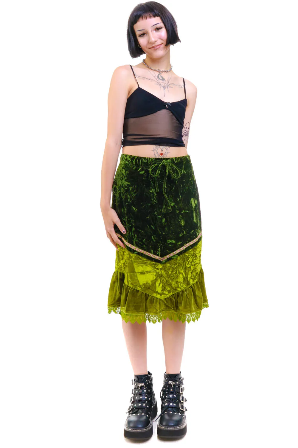 TUNNEL VISION SECONDHAND (GRADE B) Verbena Green Velvet Lace-Trim Skirt sold by Tunnel Vision product image thumbnail 4