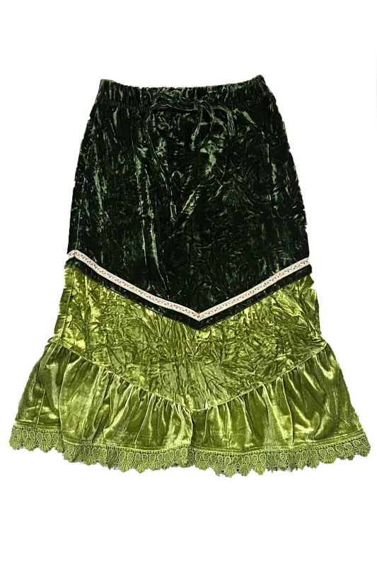 TUNNEL VISION SECONDHAND (GRADE B) Verbena Green Velvet Lace-Trim Skirt sold by Tunnel Vision