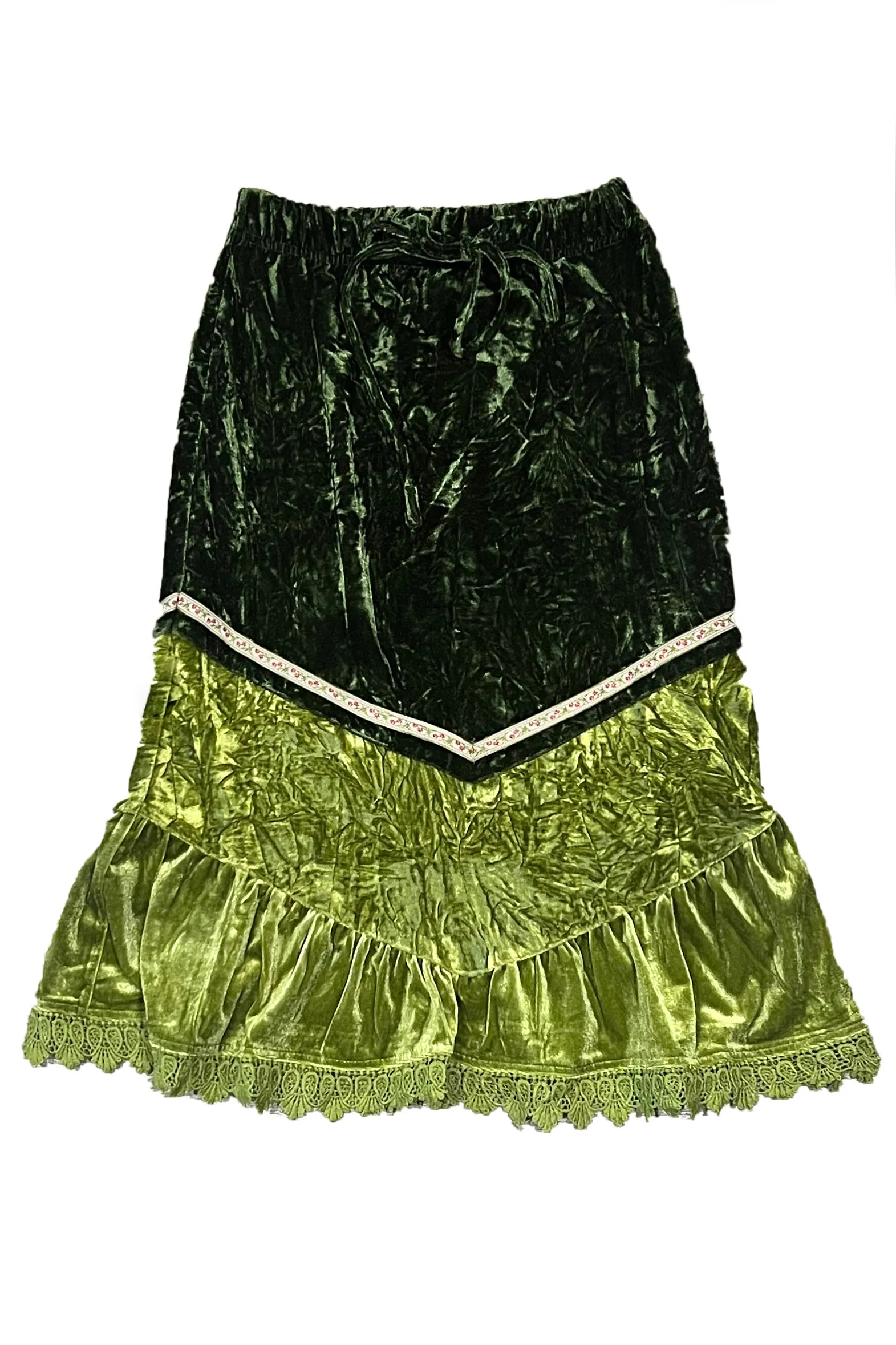 TUNNEL VISION SECONDHAND (GRADE B) Verbena Green Velvet Lace-Trim Skirt sold by Tunnel Vision