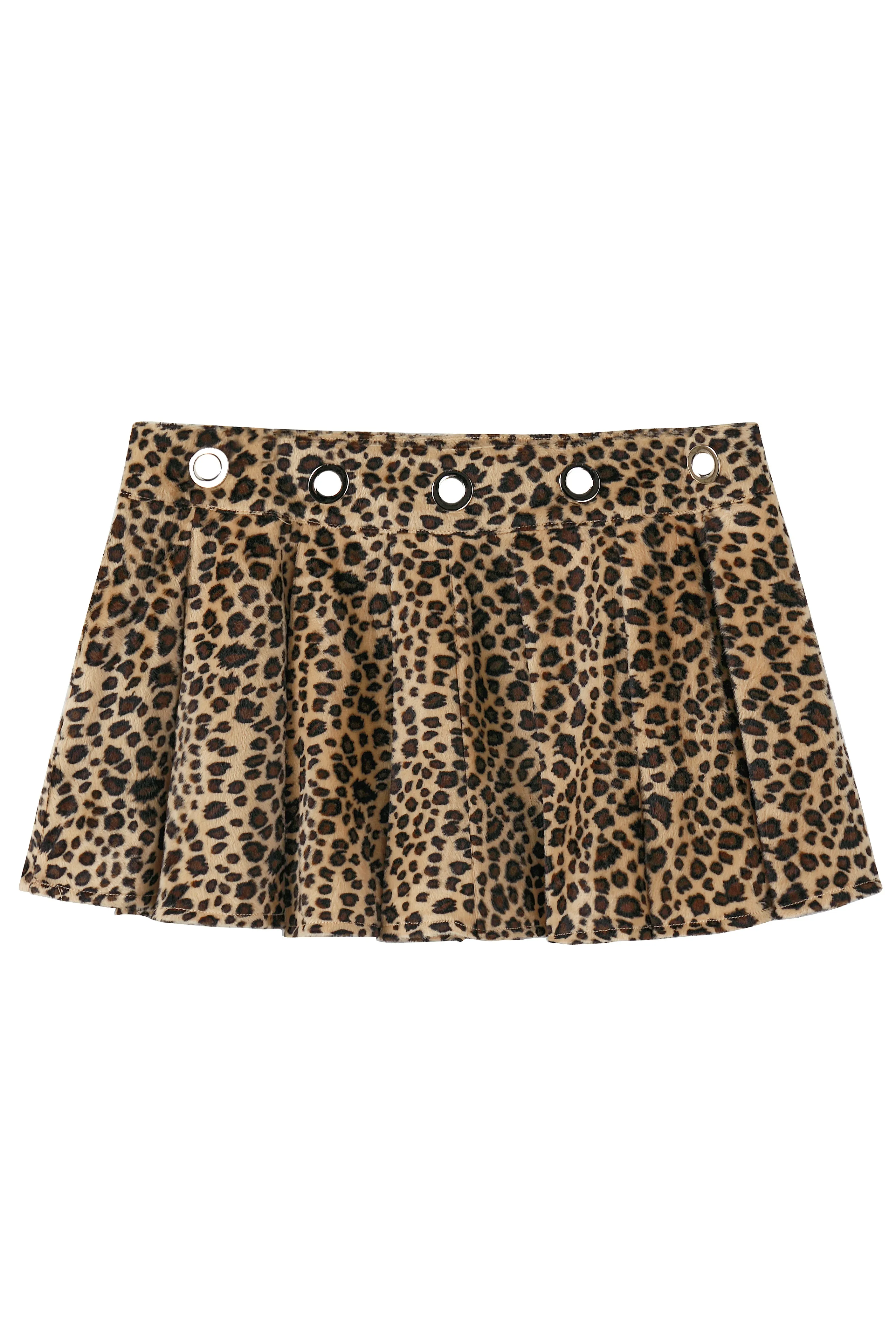 Peekaboo Fuzzy Leopard Print Grommet Mini Skirt sold by Tunnel Vision