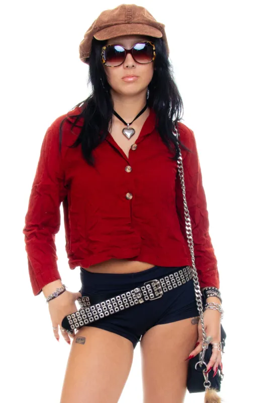 Vintage Y2K Linen-Blend Burnt Red Button-Up Shirt - S/M sold by Tunnel Vision