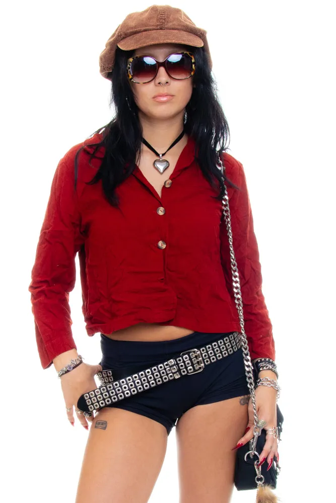 Vintage Y2K Linen-Blend Burnt Red Button-Up Shirt - S/M sold by Tunnel Vision