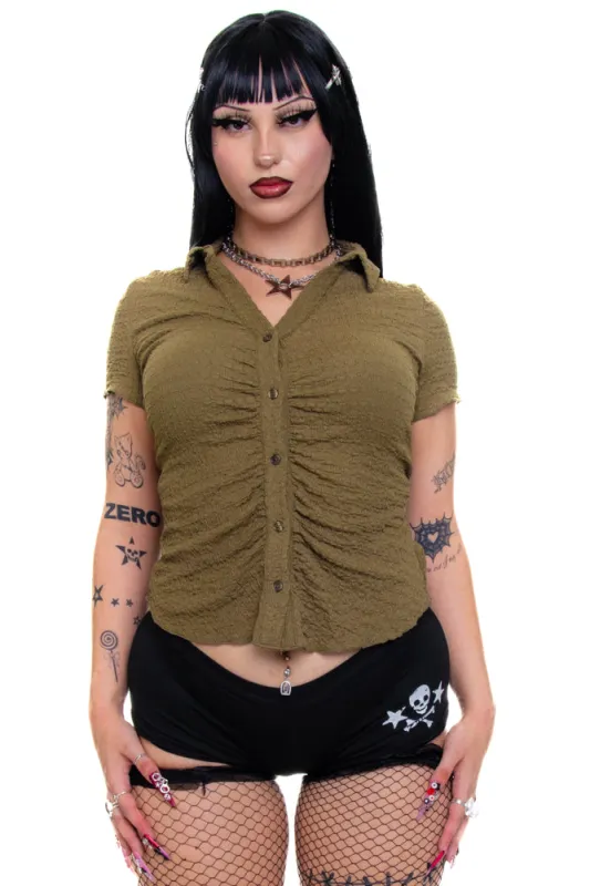 Vintage Y2K Olive Green Ruched Button-Up Shirt - L sold by Tunnel Vision