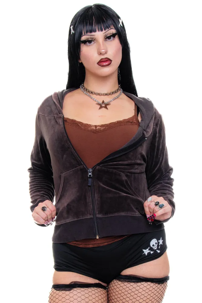 Vintage Y2K Chocolate Brown Velour Hoodie - L sold by Tunnel Vision product image thumbnail 3