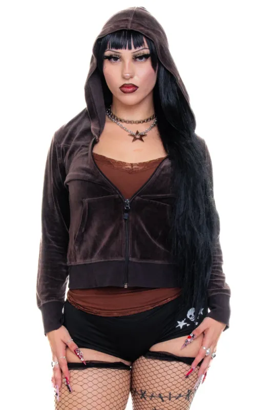 Vintage Y2K Chocolate Brown Velour Hoodie - L sold by Tunnel Vision