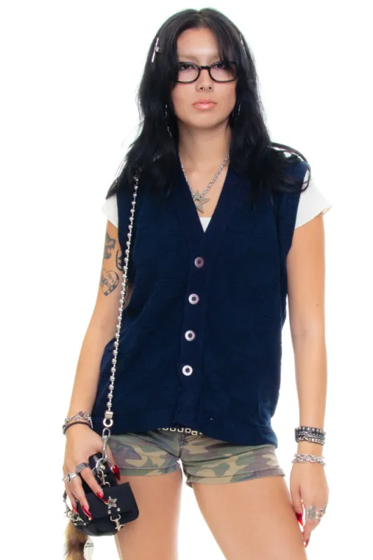 Vintage 90's Navy Blue Button-Front Sweater Vest - One Size Fits Many sold by Tunnel Vision