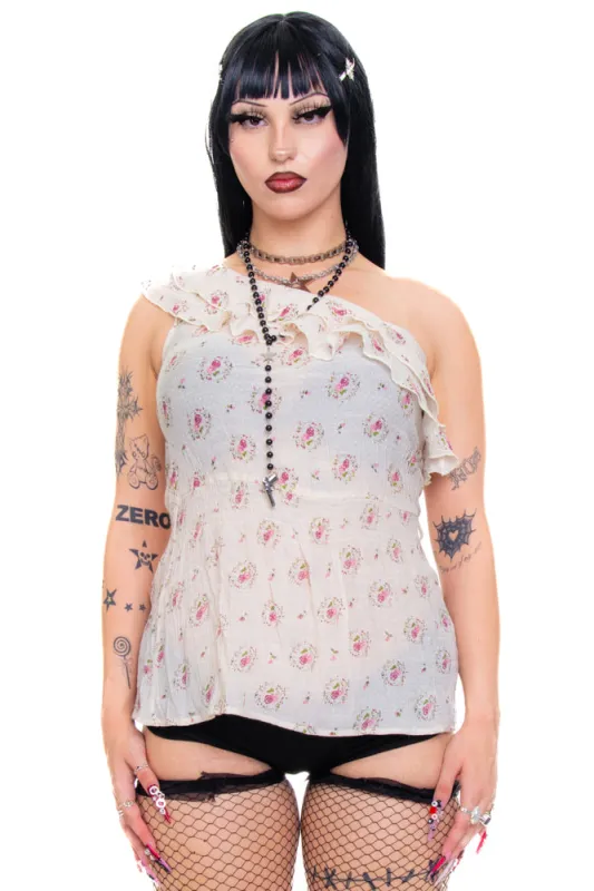Vintage Y2K One-Shoulder Floral Ruffle Top - M/L sold by Tunnel Vision