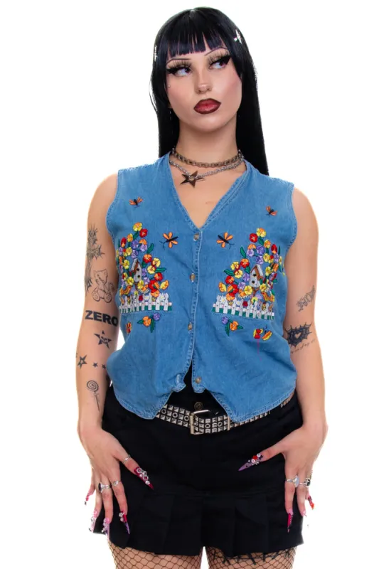 Vintage 90's Simple Life Embroidered Bird House Vest - L sold by Tunnel Vision