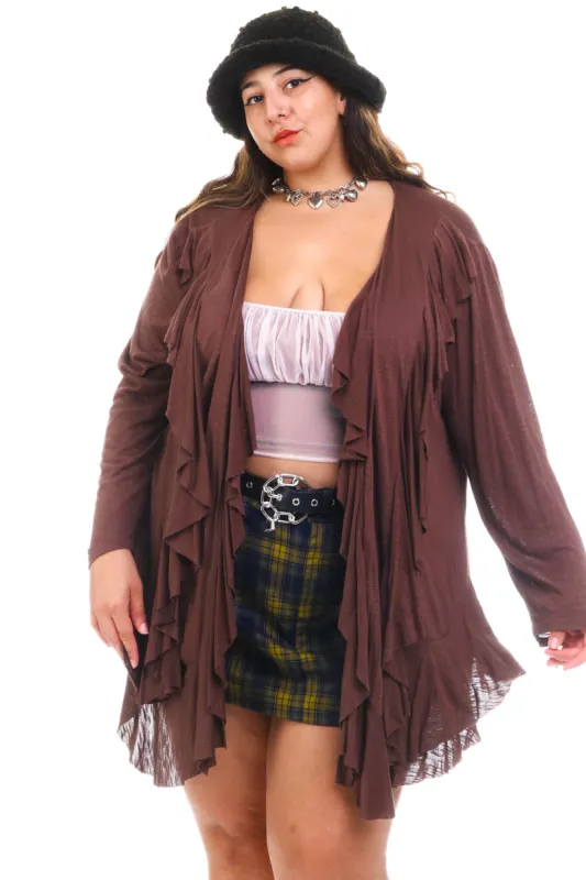 Vintage Y2K Long Brown Ruffle Open Cardigan - OSFM sold by Tunnel Vision
