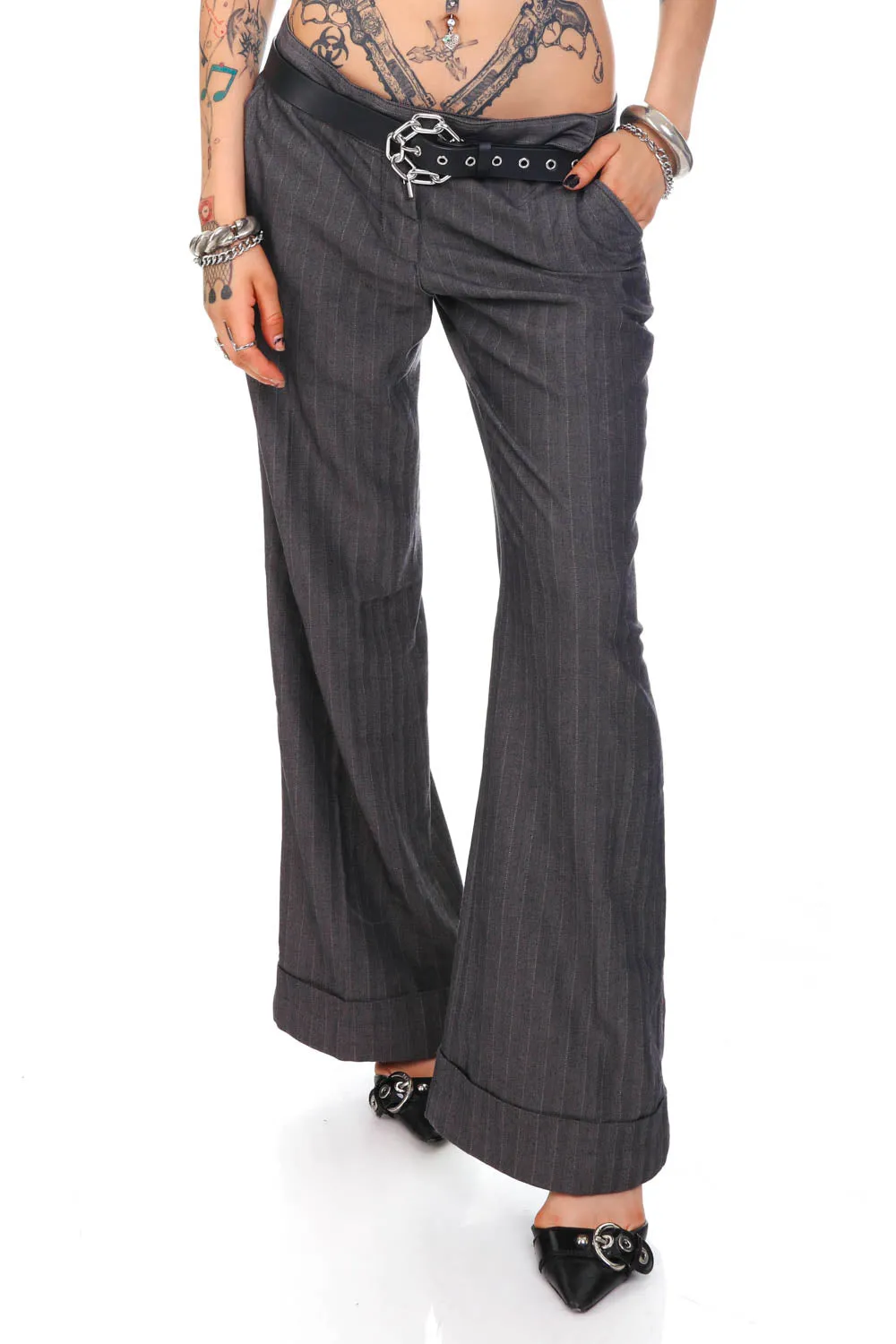 Vintage Y2K Herringbone Flared Trousers - M/L sold by Tunnel Vision