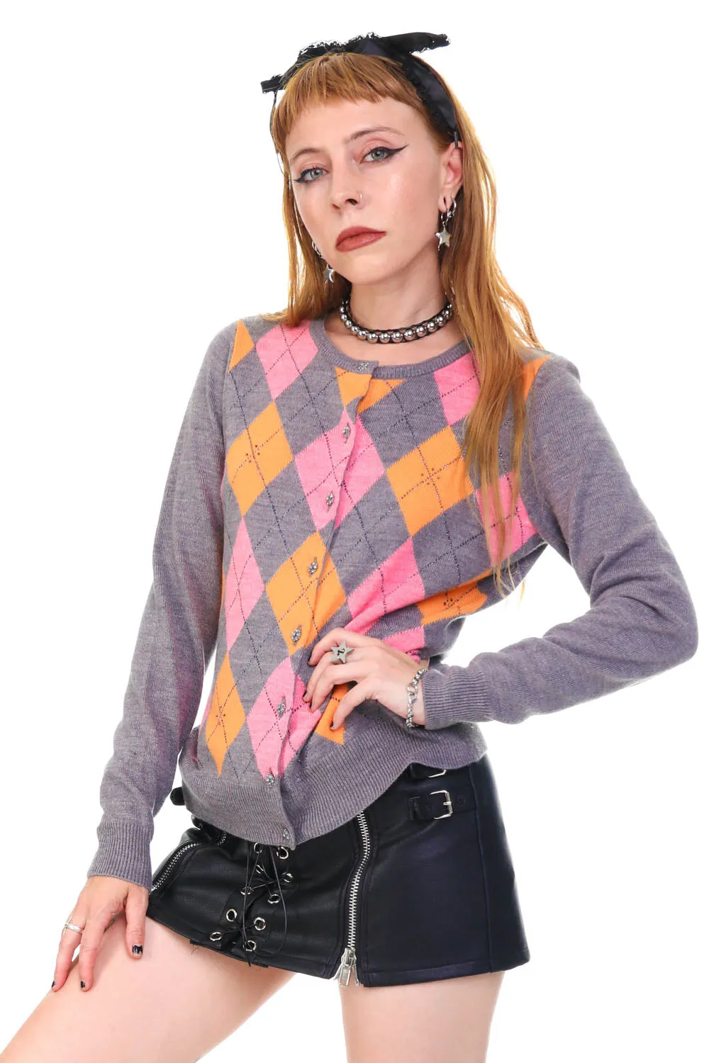 Vintage Y2K Grey Argyle Button Up Cardigan - S/M sold by Tunnel Vision product image thumbnail 4