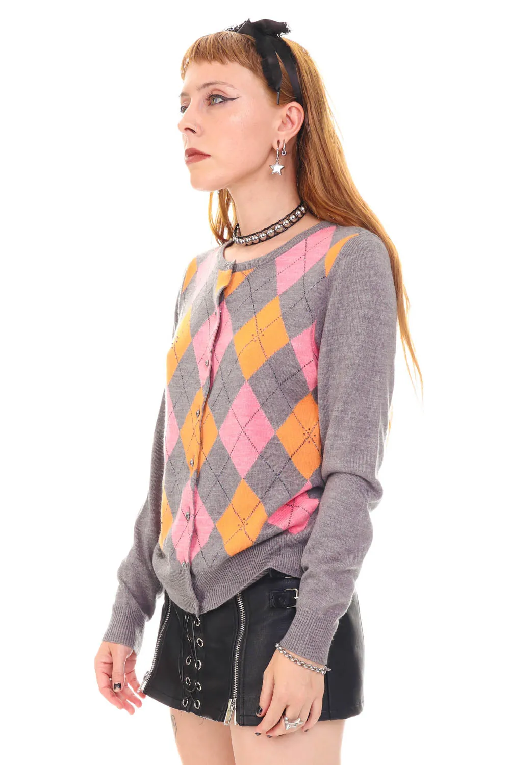 Vintage Y2K Grey Argyle Button Up Cardigan - S/M sold by Tunnel Vision product image thumbnail 5
