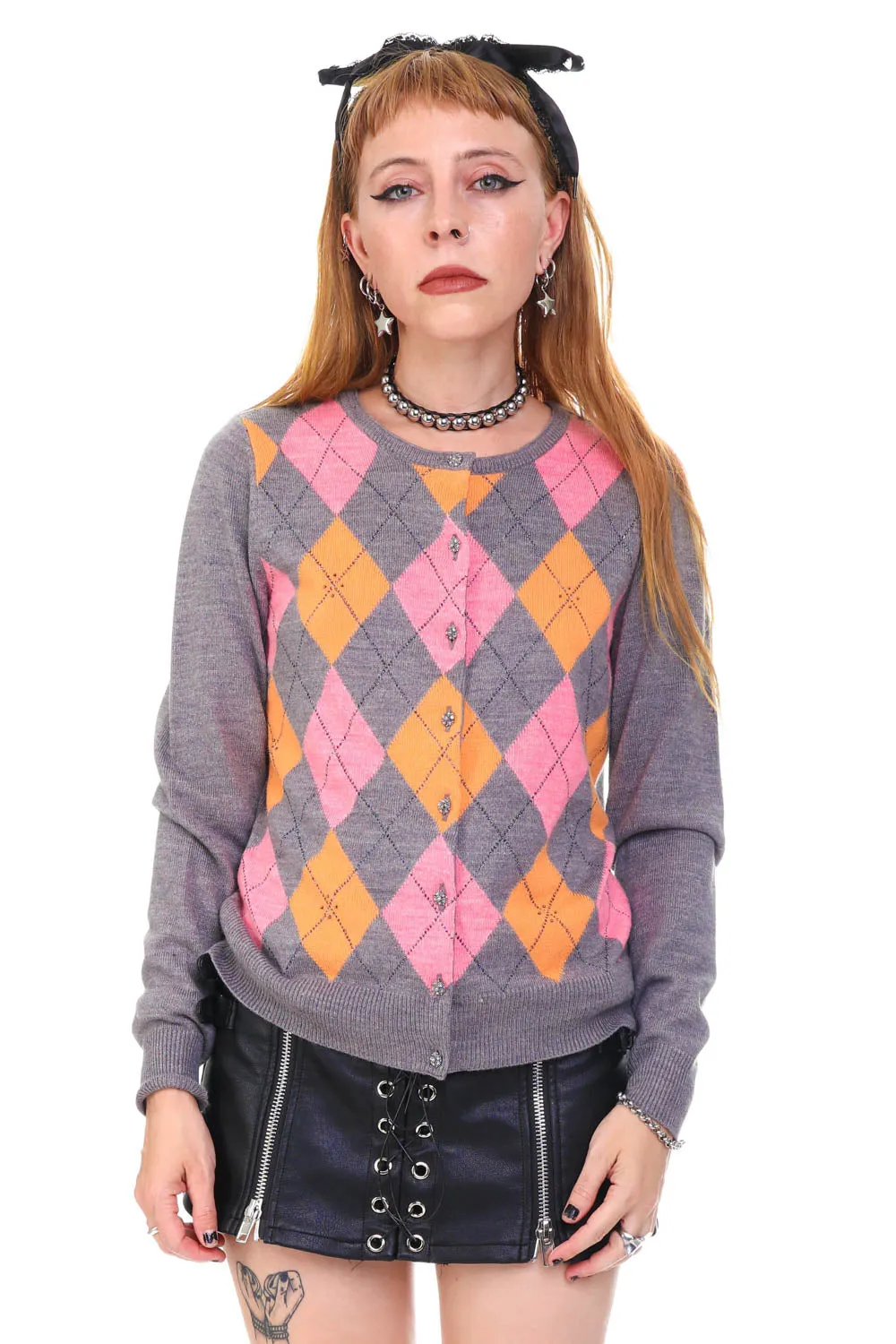 Vintage Y2K Grey Argyle Button Up Cardigan - S/M sold by Tunnel Vision product image thumbnail 3