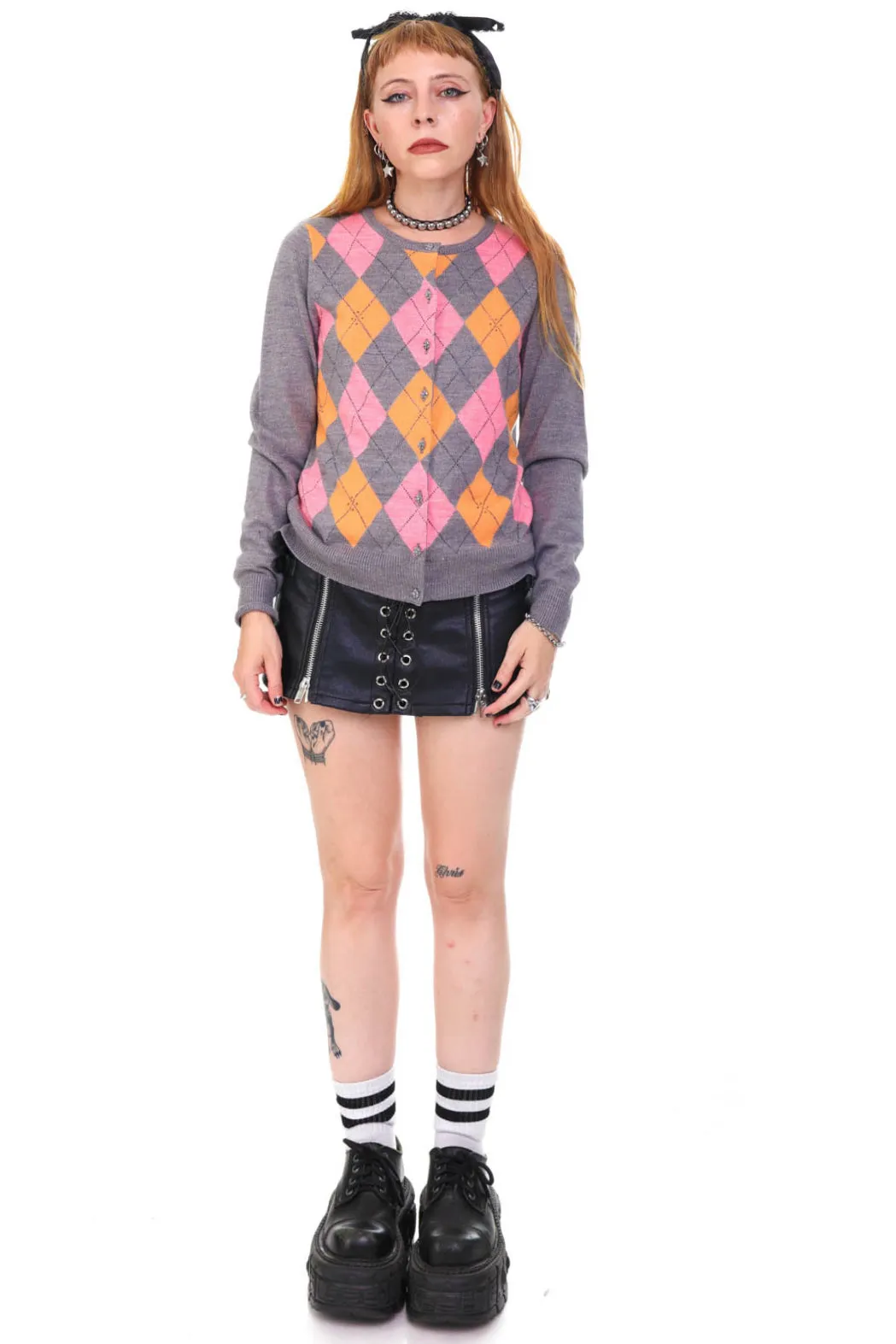 Vintage Y2K Grey Argyle Button Up Cardigan - S/M sold by Tunnel Vision product image thumbnail 2