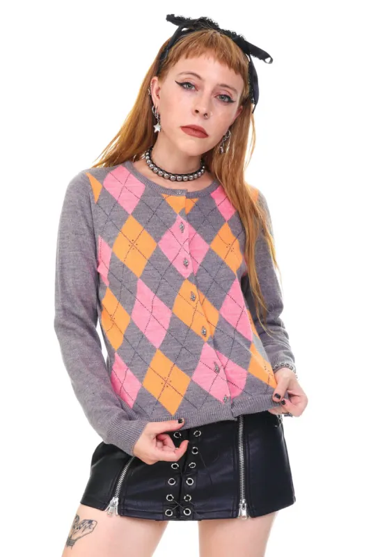 Vintage Y2K Grey Argyle Button Up Cardigan - S/M sold by Tunnel Vision