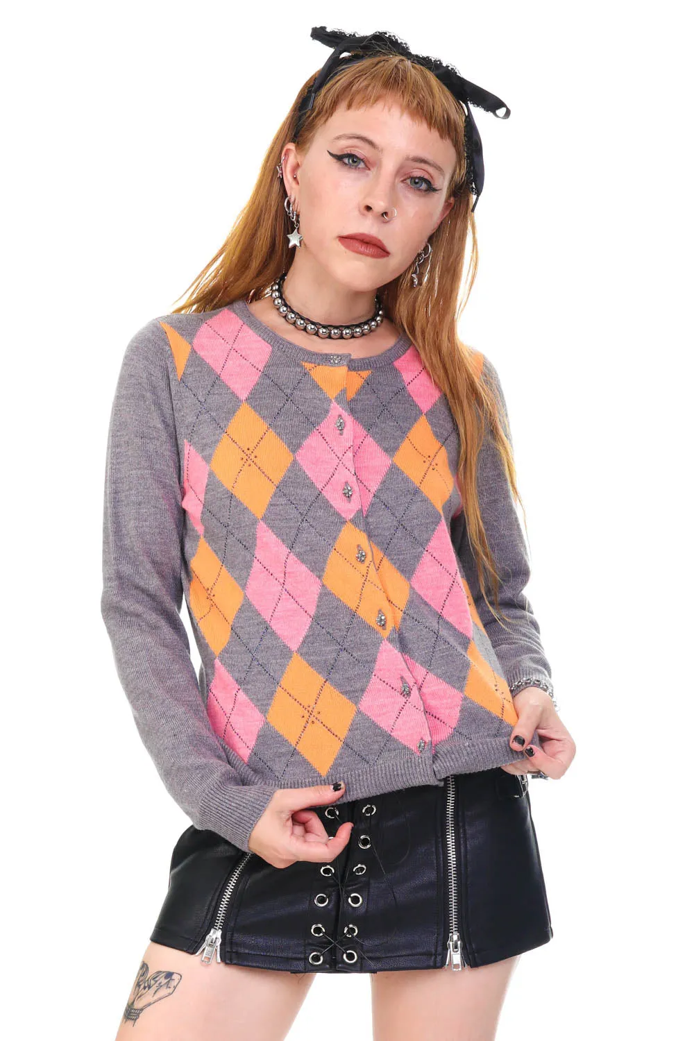 Vintage Y2K Grey Argyle Button Up Cardigan - S/M sold by Tunnel Vision