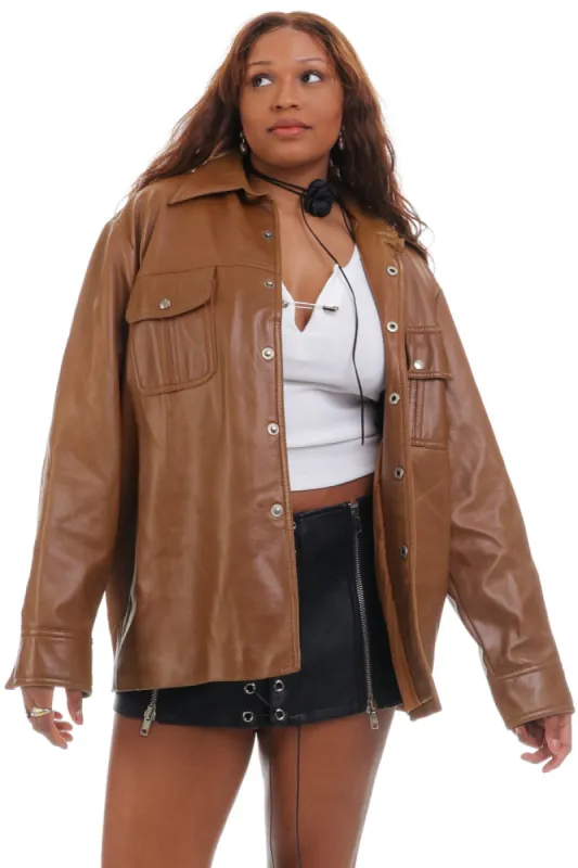 Vintage 70's Camel Vinyl Button Me Up Shirt Jacket - OSFM sold by Tunnel Vision