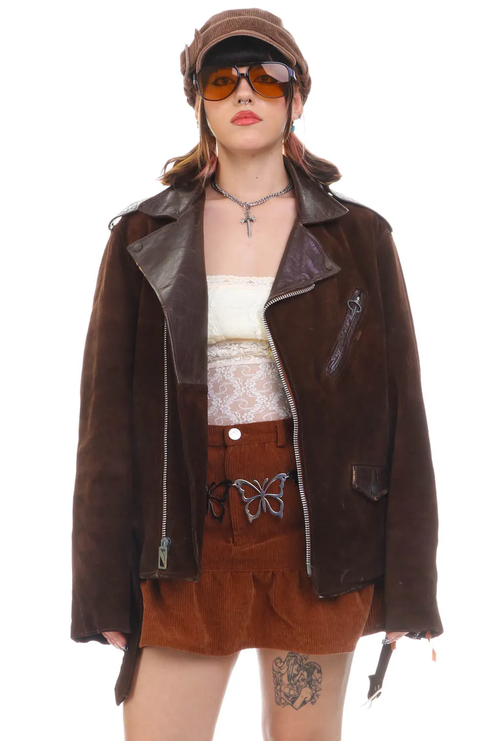 Vintage 80's Dark Brown Leather Suede Motor Jacket - OSFM sold by Tunnel Vision