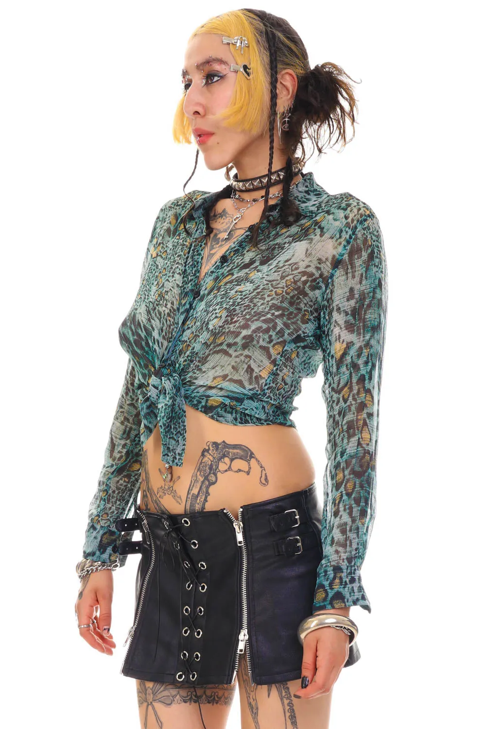 Vintage 90's Blue Snake Silk Button Up Blouse - S/M sold by Tunnel Vision product image thumbnail 3