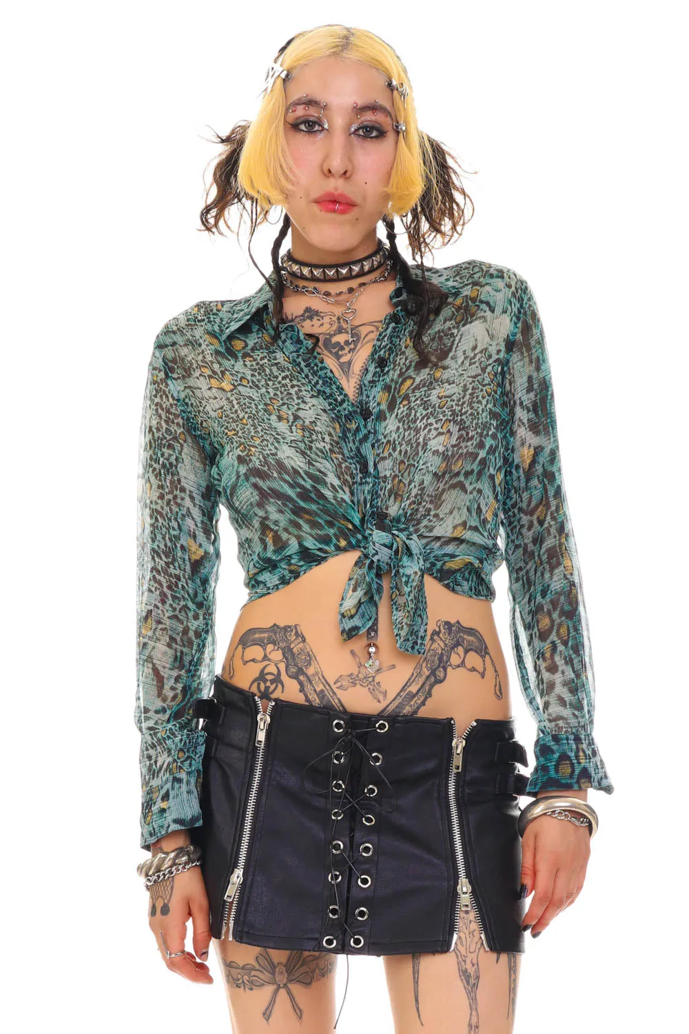 Vintage 90's Blue Snake Silk Button Up Blouse - S/M sold by Tunnel Vision