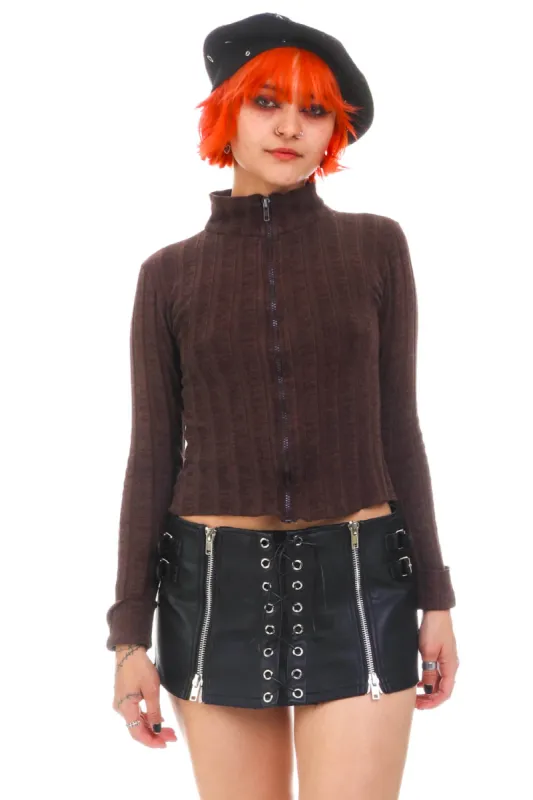 Vintage Y2K Brown Ribbed Knit Turtle Neck Long-Sleeve - S sold by Tunnel Vision