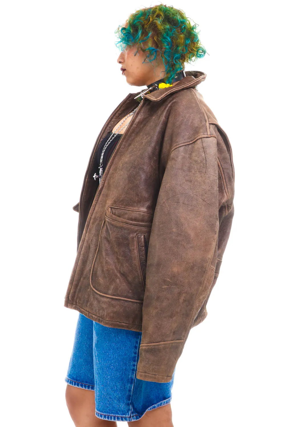 Vintage 80's Structure Brown Leather Heavy Duty Jacket - OSFM sold by Tunnel Vision product image thumbnail 3