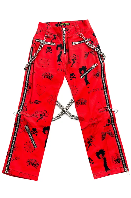 TUNNEL VISION SECONDHAND (GRADE A) Red Tattoo Print Poly Chain Bondage Pants sold by Tunnel Vision