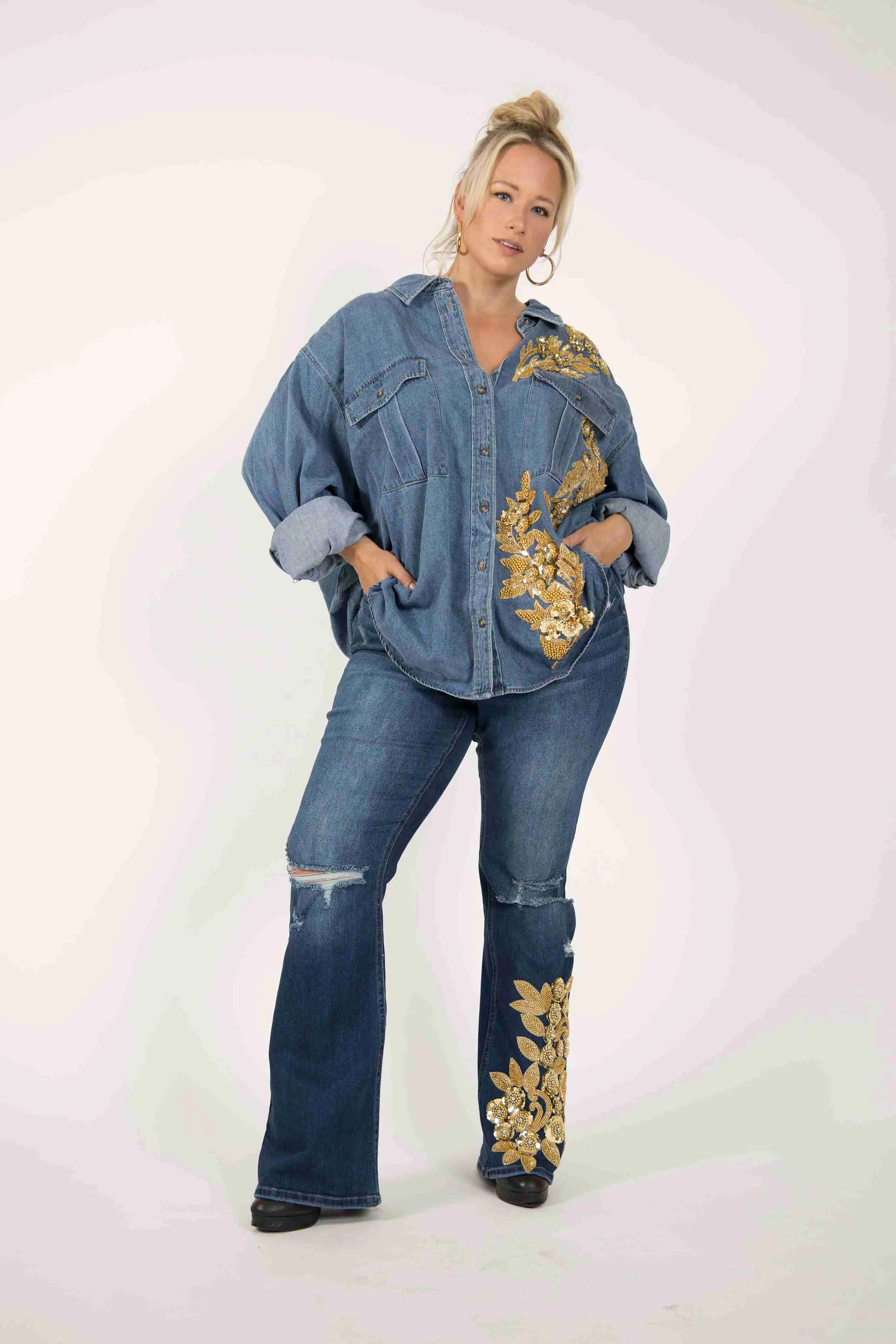 Dolly Collection Western Style Embellished Denim Shirt sold by Sante Grace product image thumbnail 2