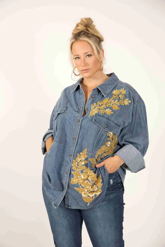 Dolly Collection Western Style Embellished Denim Shirt sold by Sante Grace