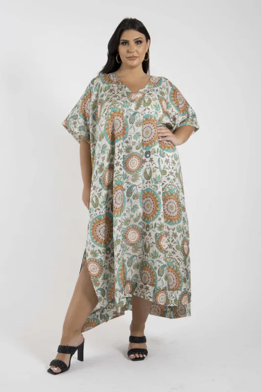 The Muse Italian Silk Habotai Caftan - Turquoise Silk Paisley sold by Sante Grace