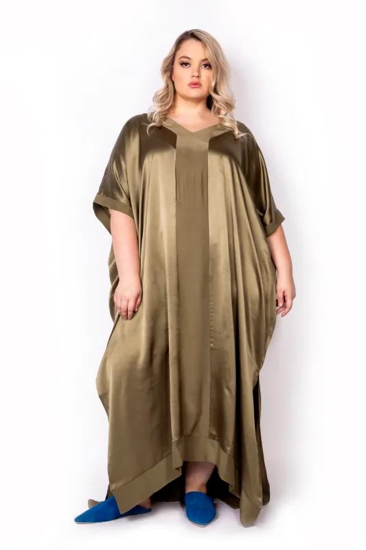 The Muse Italian Silk Caftan in Champagne with V neckline sold by Sante Grace