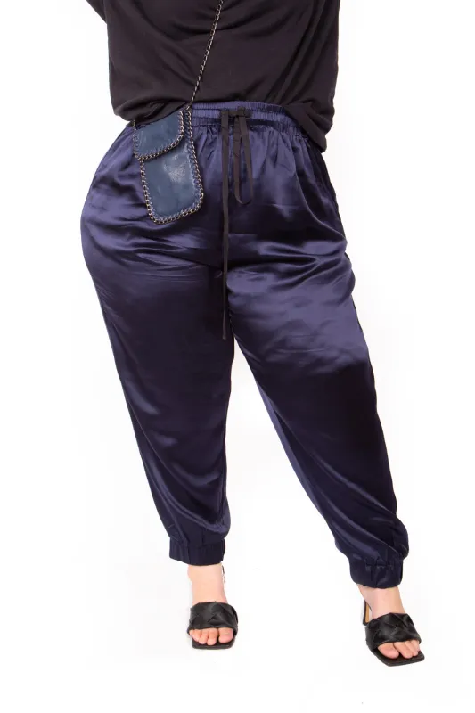 The Wardrobe Hero Italian Silk Jogger Pant in Navy with High Waist sold by Sante Grace