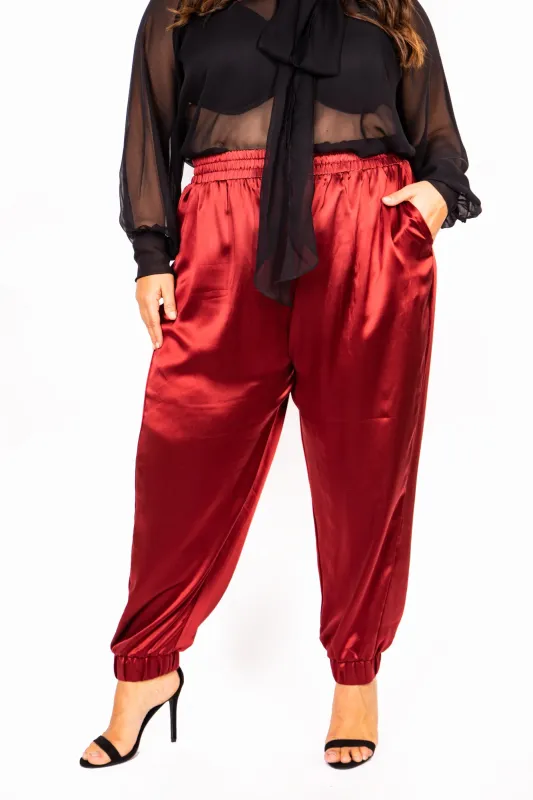 The Wardrobe Hero Italian Silk Jogger Pant in Wine with High Waist sold by Sante Grace