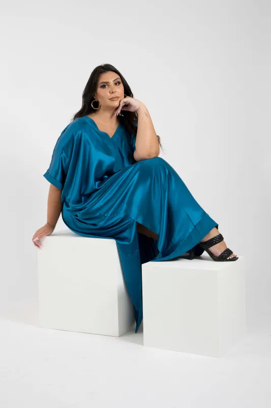 The Muse Italian Silk Charmeuse Caftan - Majestic Blue sold by Sante Grace