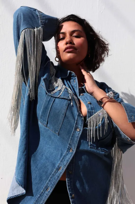 Dolly Collection Rhinestone Denim Shirt sold by Sante Grace
