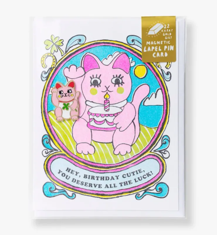 Lucky Cat Birthday Lapel Pin Card sold by Nooworks
