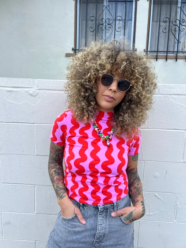 Mock Neck Pink Squiggle sold by Nooworks