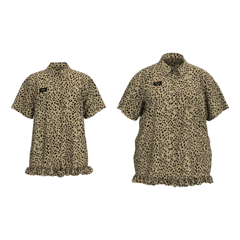 SHORT SLEEVE BUTTON-UP SHIRT W/ RUFFLE HEM DETAIL - CHEETAH sold by Pinecone Row
