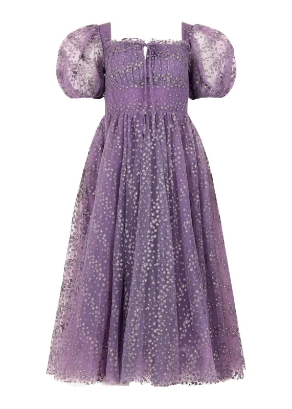 Everbloom Puff Sleeve Midi Dress in Purple sold by JessaKae