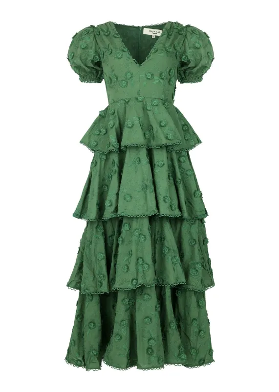 Sloane Puff Sleeve Tiered Cotton Floral V-Neck Maxi Dress - Green sold by JessaKae