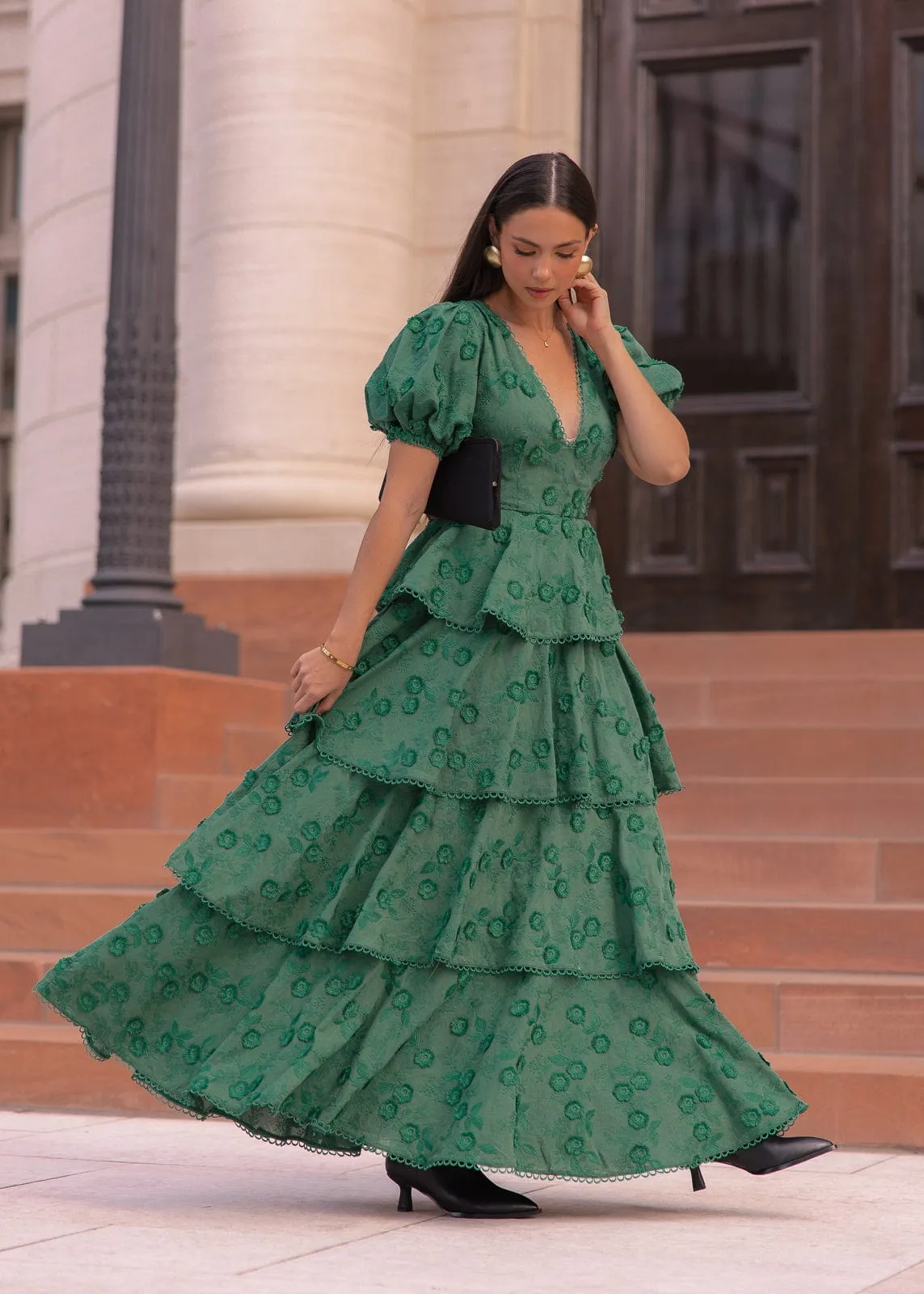 Sloane Puff Sleeve Tiered Cotton Floral V-Neck Maxi Dress - Green sold by JessaKae product image thumbnail 4