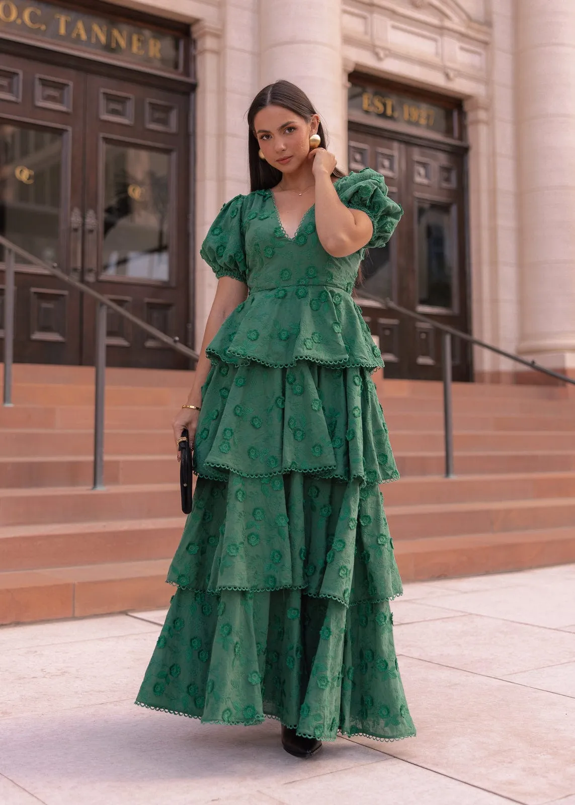 Sloane Puff Sleeve Tiered Cotton Floral V-Neck Maxi Dress - Green sold by JessaKae product image thumbnail 2